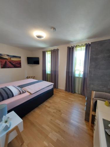 1 dormitorio con cama, mesa y cortinas en Luxuriöse Ferienwohnungen, en Königstein