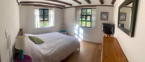 een slaapkamer met een bed, een tv en ramen bij Habitacion en Casa de Campo, Valle Sagrado de los Incas in La Planicie