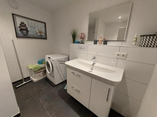 a bathroom with a sink and a washing machine at Luxuriöse Ferienwohnungen in Königstein an der Elbe