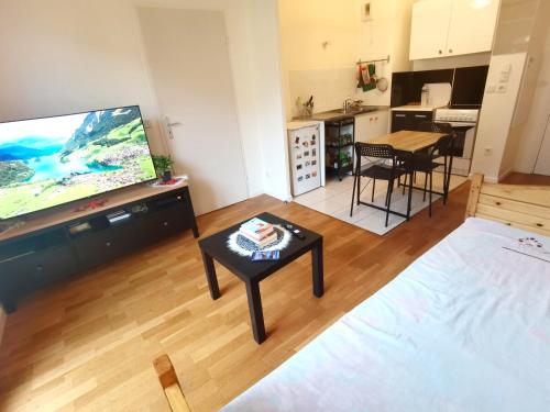 a living room with a flat screen tv and a table at Versailles Trip Appartement in Buc