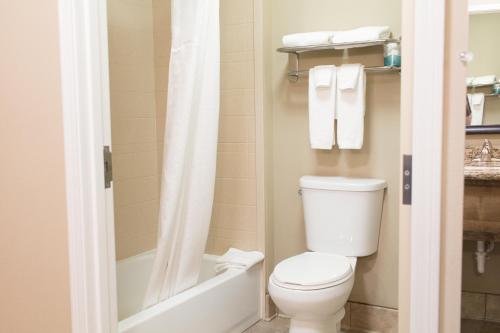 ein Badezimmer mit einem WC, einer Badewanne und einem Waschbecken in der Unterkunft Holiday Inn Express & Suites - Williston, an IHG Hotel in Williston