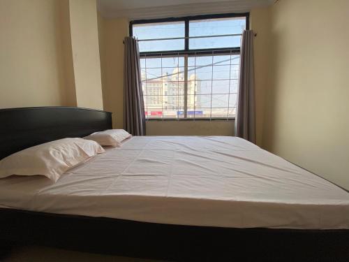 ハイデラバードにあるHOTEL PLAZA ROOMSの大きな窓付きの客室の大型ベッド1台分です。