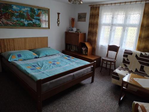 a bedroom with a bed and a desk and a chair at Chalupa Na Křemence in Třinec