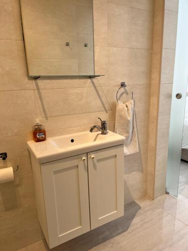 a bathroom with a white sink and a mirror at Amazing 2 bed apartment Gozo in Għajnsielem