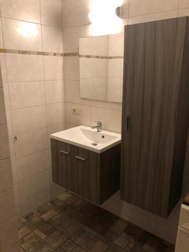 een badkamer met een wastafel en een spiegel bij B&B Typisch Lelies in Liessel