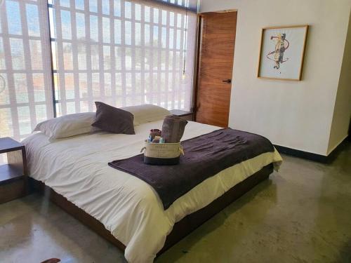 Un dormitorio con una cama grande con una caja. en Loft plata en excelente ubicación en San Luis Potosí