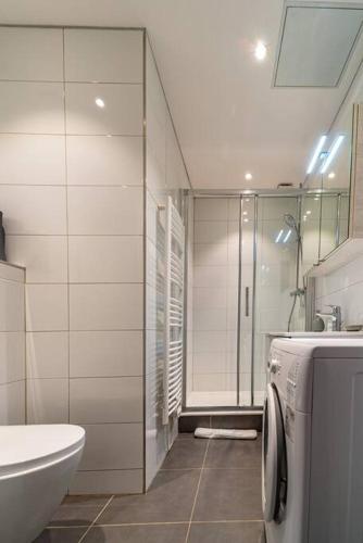 une salle de bain avec une douche, un lavabo et des toilettes dans l'établissement Coeur centre ville Grenoble - charme de l'ancien, à Grenoble