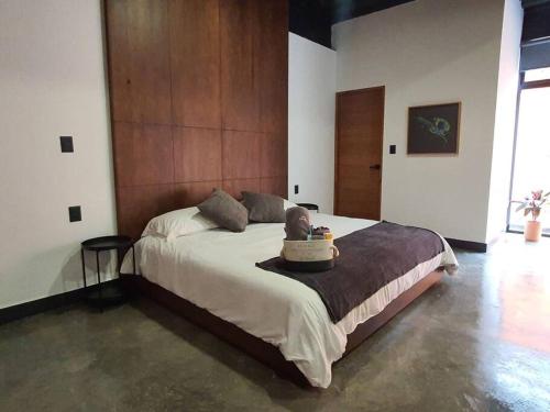 sypialnia z łóżkiem z wypchanym zwierzakiem w obiekcie Loft oro en excelente ubicación! w mieście San Luis Potosí