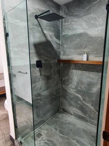 W łazience znajduje się prysznic ze szklanymi drzwiami. w obiekcie Loft oro en excelente ubicación! w mieście San Luis Potosí