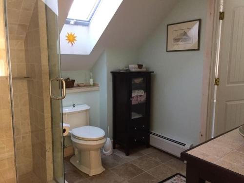 a bathroom with a toilet and a skylight at Waterfront Home on Bantam Lake with Private Beach in Morris