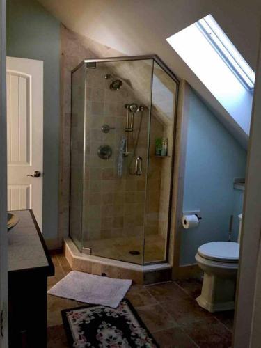 a bathroom with a shower and a toilet at Waterfront Home on Bantam Lake with Private Beach in Morris