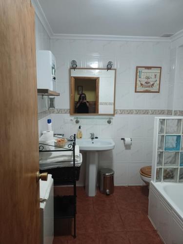 y baño con lavabo, aseo y espejo. en Casa rural san juan en San Juan del Monte