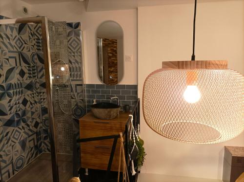 a bathroom with a shower and a pendant light at le Travertin in Avignon
