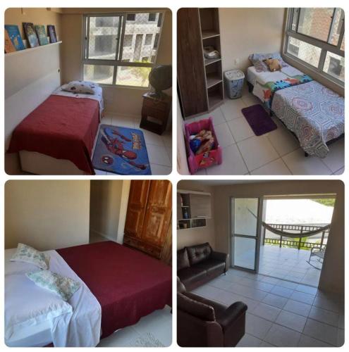 4 fotos de un dormitorio con 2 camas y una sala de estar en Golden Dunes 231B en Extremóz