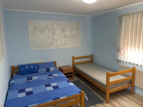 een slaapkamer met 2 bedden, een bed en een raam bij Banja Gornja Trepca-smestaj Grof in Gornja Trepča