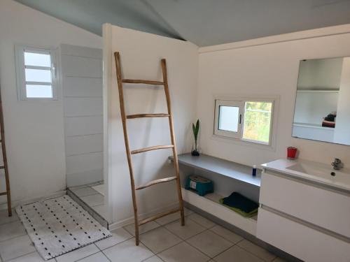 La salle de bains est pourvue d'une échelle et d'un lavabo. dans l'établissement Gîte Holidays mon repos, à Saint-André