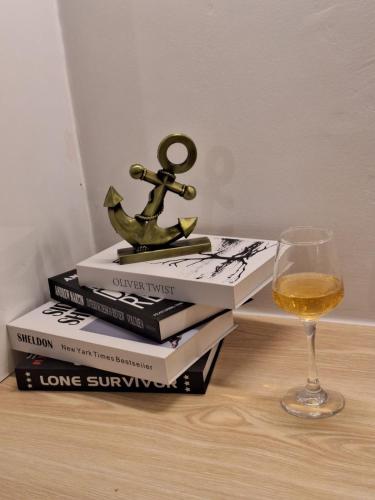 una pila di libri con un bicchiere di vino su un tavolo di Avana a Nairobi