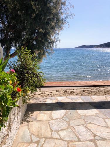 a stone walkway leading to the water with flowers at Kyprianos house in Platis Yialos Sifnos