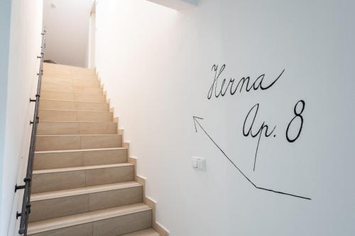 a stairway with a sign that reads nima incz at Wellness zoo apartmány Lhota in Lomnice nad Lužnicí