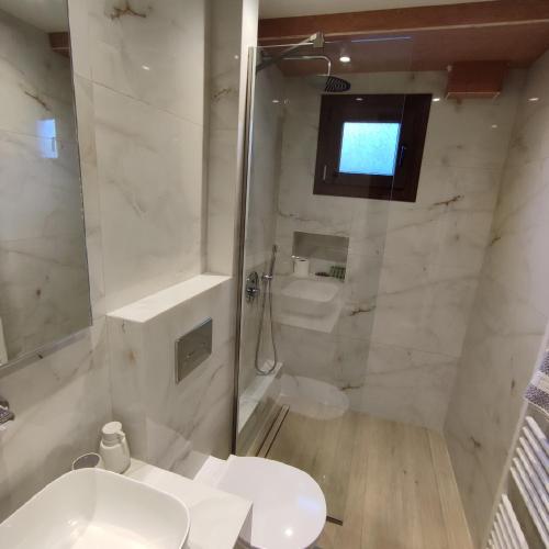 a bathroom with a shower and a toilet and a sink at Giataki in Elati Trikalon