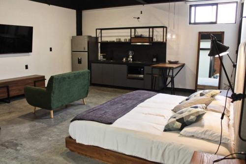 a bedroom with a bed and a desk and a television at Loft cobalto en excelente ubicación! in San Luis Potosí