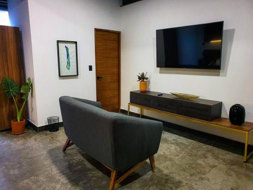 a living room with a tv and a chair at Loft Bronce en excelente ubicación! in San Luis Potosí