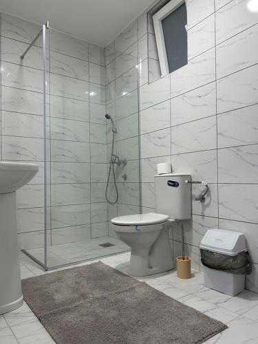 a white bathroom with a toilet and a shower at House Inn 2 in Pirot
