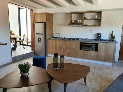 a kitchen with two tables and a refrigerator at Departamento con estilo y excelente ubicación in San Luis Potosí
