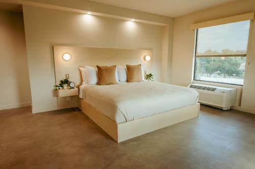 a bedroom with a large bed and a large window at Brut Hotel in Tulsa