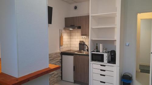 una pequeña cocina con fregadero y microondas en Studio cosy en rez-de-chaussée, en Bourbonne-les-Bains