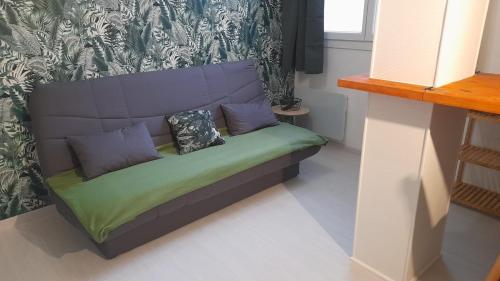 - un canapé avec deux oreillers dans l'établissement Studio cosy en rez-de-chaussée, à Bourbonne-les-Bains