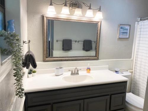 a bathroom with a sink and a mirror at Sunshine Acre. King Master Suite & BIG YARD in Davie