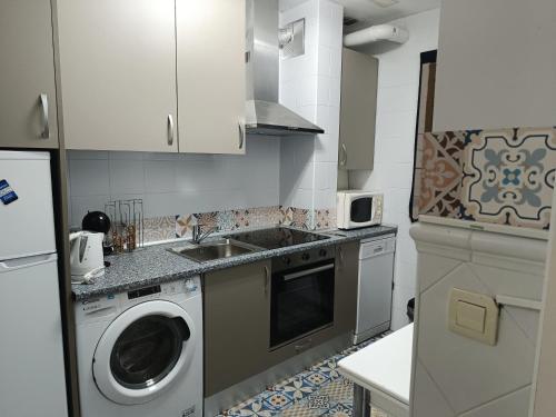 een keuken met een wasmachine en een wastafel bij VuT Plaza de la Catedral in Burgos