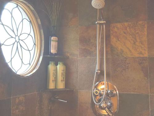 a shower in a bathroom with a window and bottles at Cottage on the Mississippi Venue and dog friendly in Le Claire