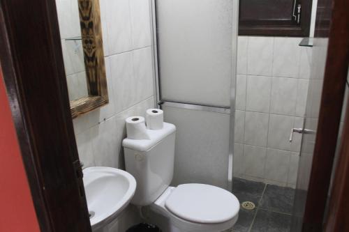 a small bathroom with a toilet and a sink at Pousada e Camping Carrion in Itu