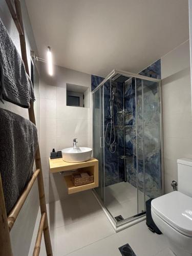uma casa de banho com uma cabina de duche em vidro e um lavatório. em Lemon House em Nafplio
