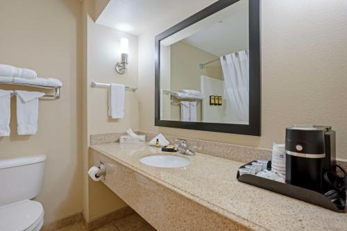 a bathroom with a sink and a toilet and a mirror at Best Western Plus Lonoke Hotel in Lonoke