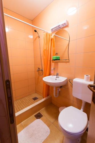 a bathroom with a toilet and a sink and a shower at Apartment&Rooms "Globus" Mostar in Mostar