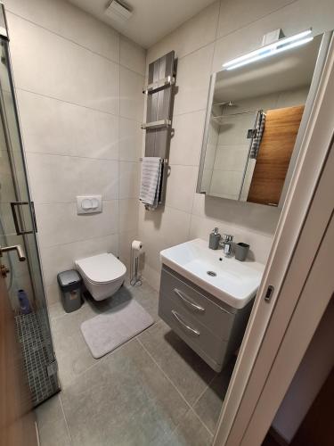 a bathroom with a sink and a toilet and a mirror at Apartman Bedem in Čačak