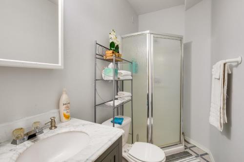 uma casa de banho com um chuveiro, um lavatório e um WC. em Convenient Denver Apartment about 10 Mi to Downtown! em Aurora