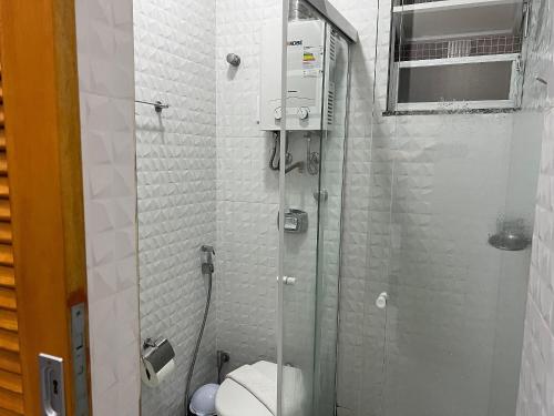 La salle de bains est pourvue d'une douche en verre et de toilettes. dans l'établissement Apartamento na Praia de Botafogo todo reformado, à Rio de Janeiro