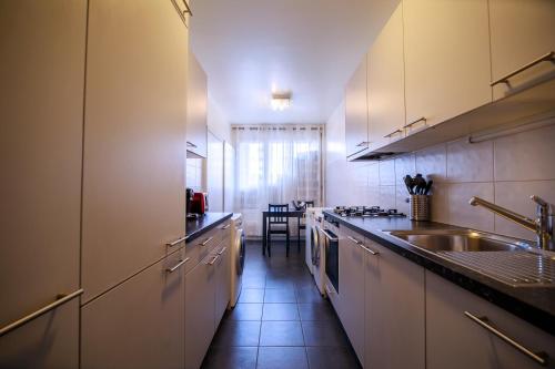 uma cozinha com armários brancos, um lavatório e uma mesa em hyper centre carouge QDC em Genebra