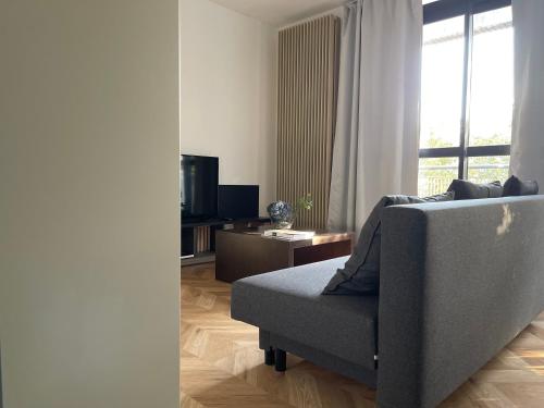 ein Wohnzimmer mit Couch und großem Fenster in der Unterkunft DG Apartment - Le Relais du Lac, proche Disneyland Paris in Lognes