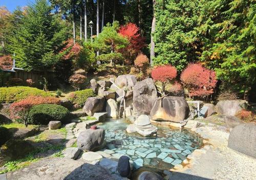 a garden with a pond with rocks and trees at glampark Morinoyado Nagano in Urugi