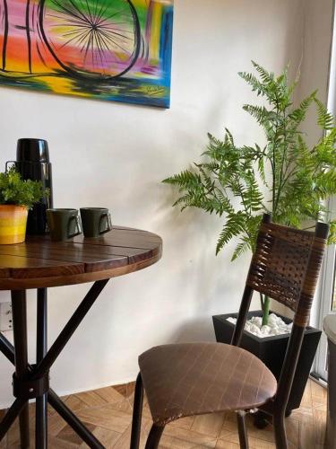 a table and a chair with plants and a painting at Pousada Luciana Dias in Palmas