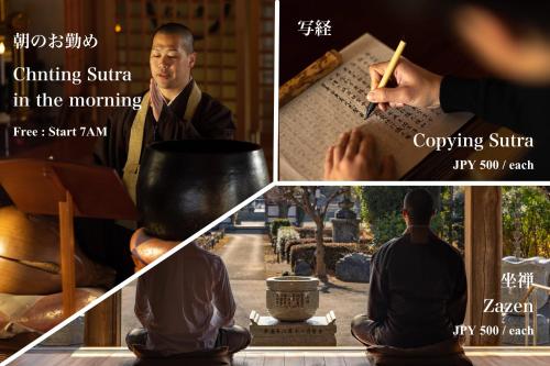 a collage of three pictures with a man sittingitating at TEMPLESTAY ZENSŌ in Chiyodamachi