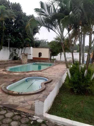 a swimming pool in a yard with a palm tree at CHÁCARA PARA ROMEIROS- próximo ao santuário de nossa senhora in Roseira