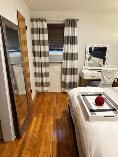 a bedroom with a bed and a desk and a mirror at Welcoming Private Suite with French Touches in Union