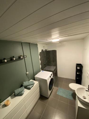 uma casa de banho com um WC e um lavatório em K&F Apartment em Keflavík
