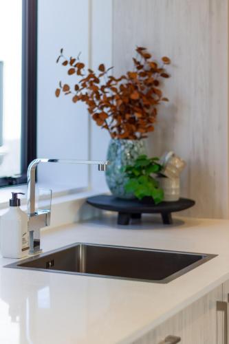 a kitchen counter with a sink and a vase with a plant at CBD Gem: Walk to everything, 3 bedroom 2 bath in Christchurch